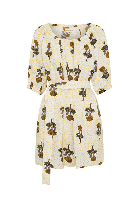 Dahlia Mini Dress Marigold — ghost flat lay on white, full silhouette with tie-waist belt, white cream linen with golden amber marigold botanical hand block print, Jaipur artisan linen dress | Daughters of India