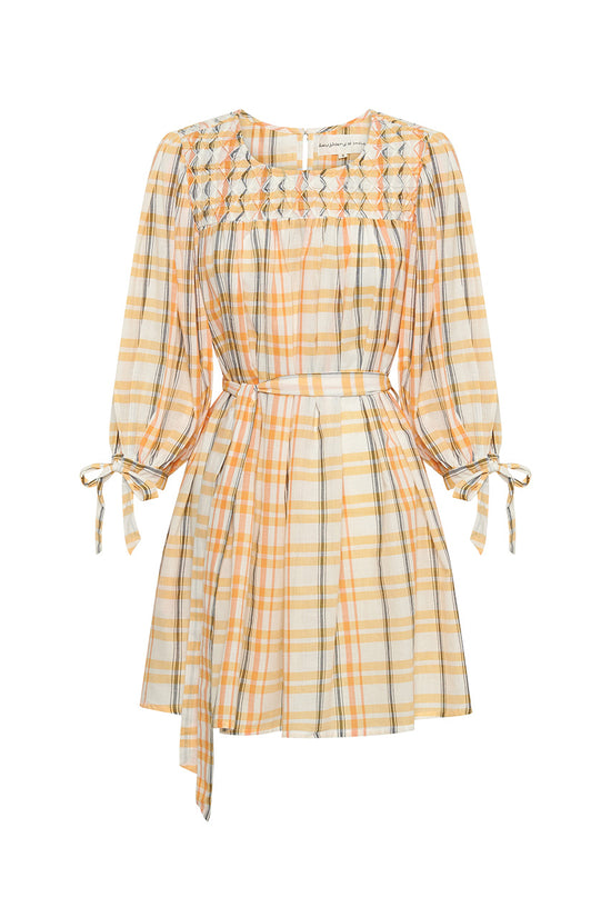 Freya Dress Honeycomb Plaid — ghost flat lay on white, full silhouette with cuff ties and waist belt, embroidered neckline panel, handloom woven honeycomb yellow plaid, artisan shift dress | Daughters of India