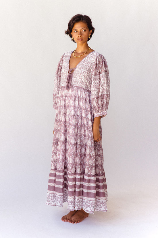Jasmine Maxi Dress Lavender — studio full length front, tiered floor-length silhouette with gathered waist, hand block print lavender dusky pink cotton, Jaipur artisan ethical boho maxi | Daughters of India