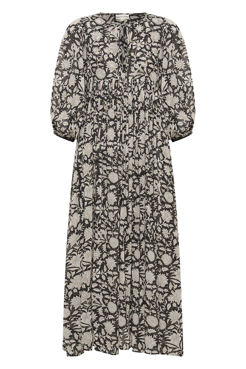 Daughters of India Kyra Maxi Dress in Pepper — flat lay showing neckline tie, billowed sleeves, hand screen print cotton