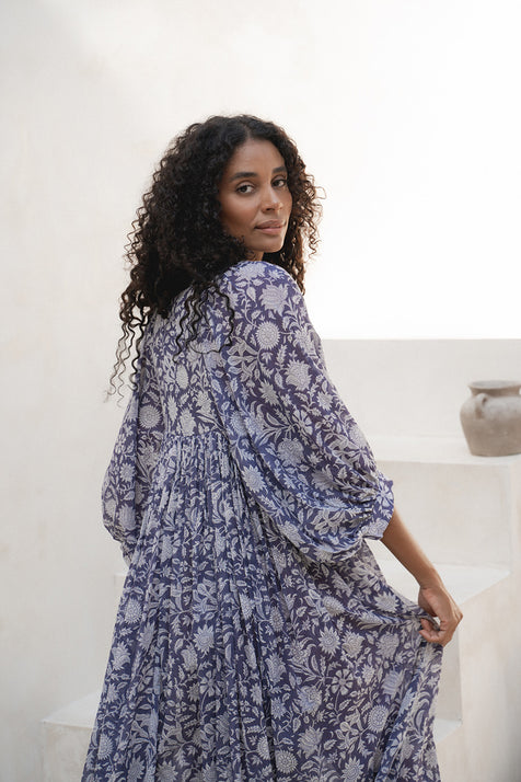 Kyra Midi Dress Blue Iris — back view showing flowing silhouette, hand block print cotton | Daughters of India