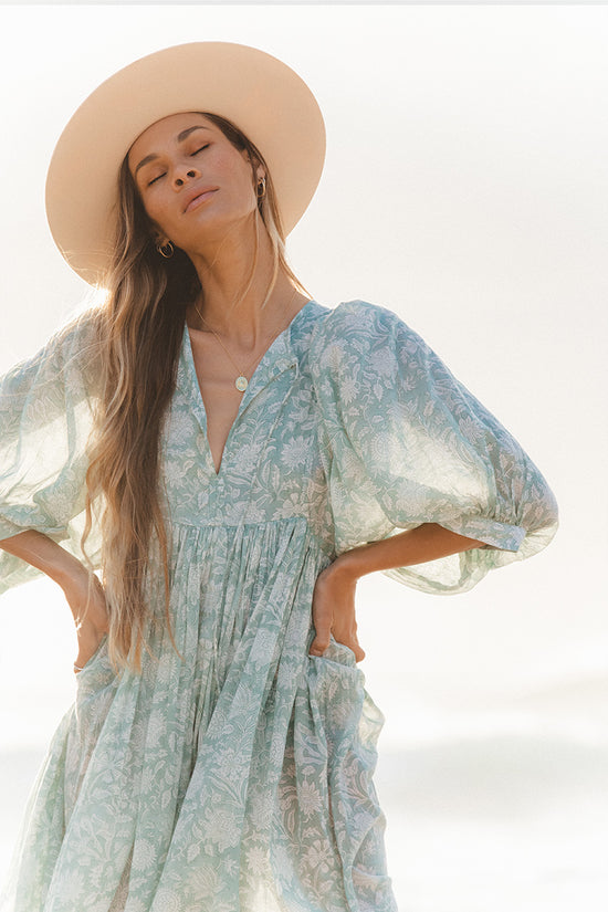 Kyra Midi Dress Jade — upper body with billowed sleeves, V-neck tie, hand block print jade cotton | Daughters of India