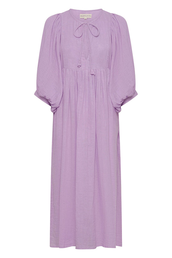 Daughters of India Kyra Midi Dress in Lilac Gauze — flat lay showing neckline tie, billowed sleeves, cotton gauze fabric