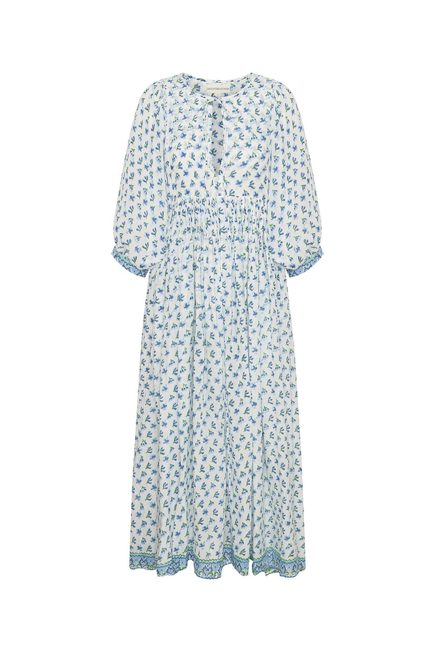 Daughters of India Kyra Maxi Dress in Azure — flat lay showing V-neckline tie, billowed sleeves, block print border hem