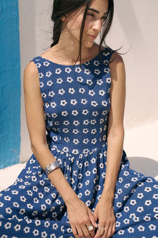 Veda Dress Indigo — full length front view, model wearing indigo hand block print linen blend midi dress with botanical motif, white minimal background, artisan Jaipur India | Daughters of India