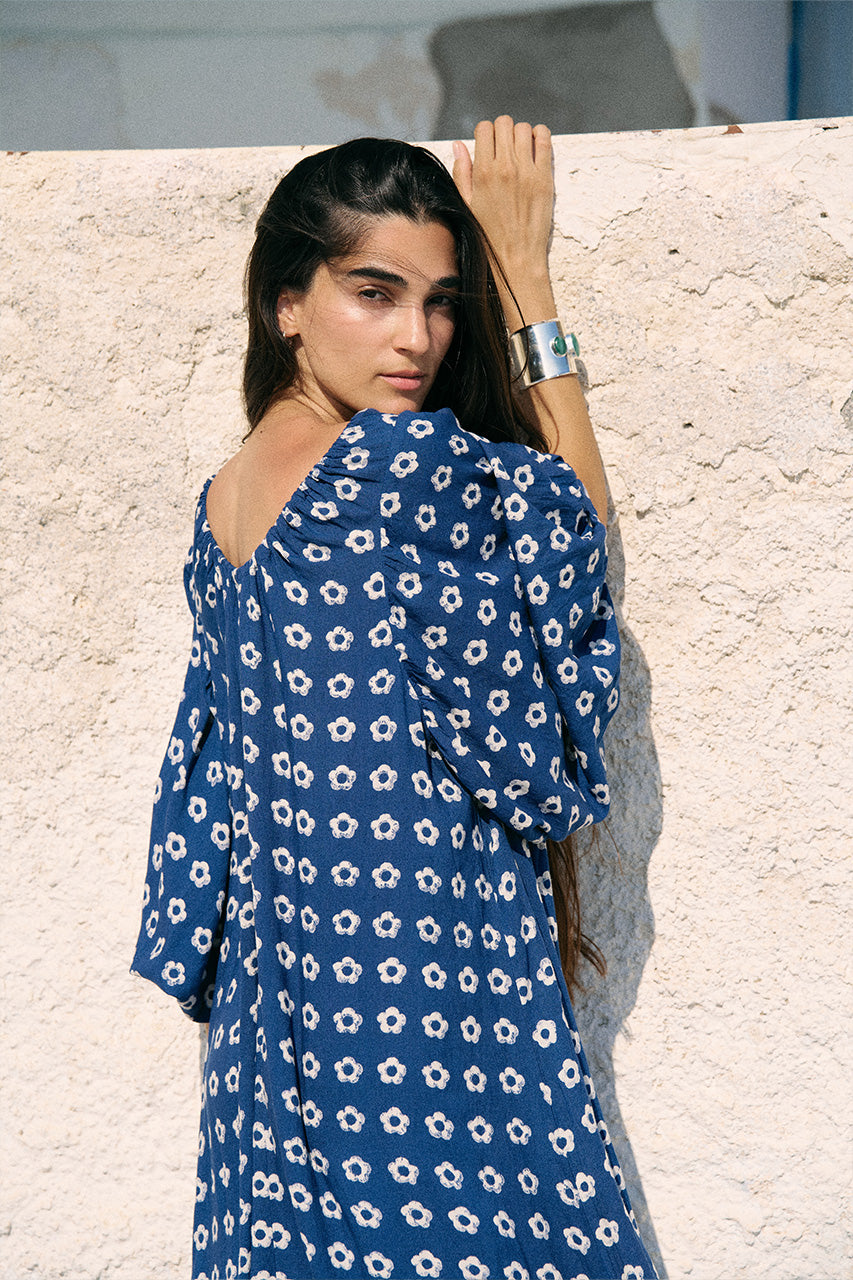 Zahra Midi Dress Indigo — back view showing adjustable tie, hand block print | Daughters of India