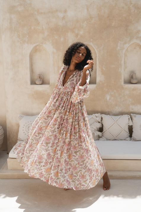 Daughters of India Kyra Maxi Dress in Fuchsia Bloom — full length by Moroccan arched wall, hand screen print cotton