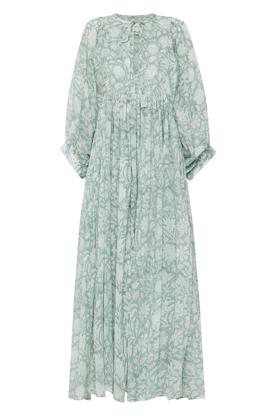 Kyra Midi Dress Jade — ghost mannequin product view, hand block print jade floral cotton midi | Daughters of India